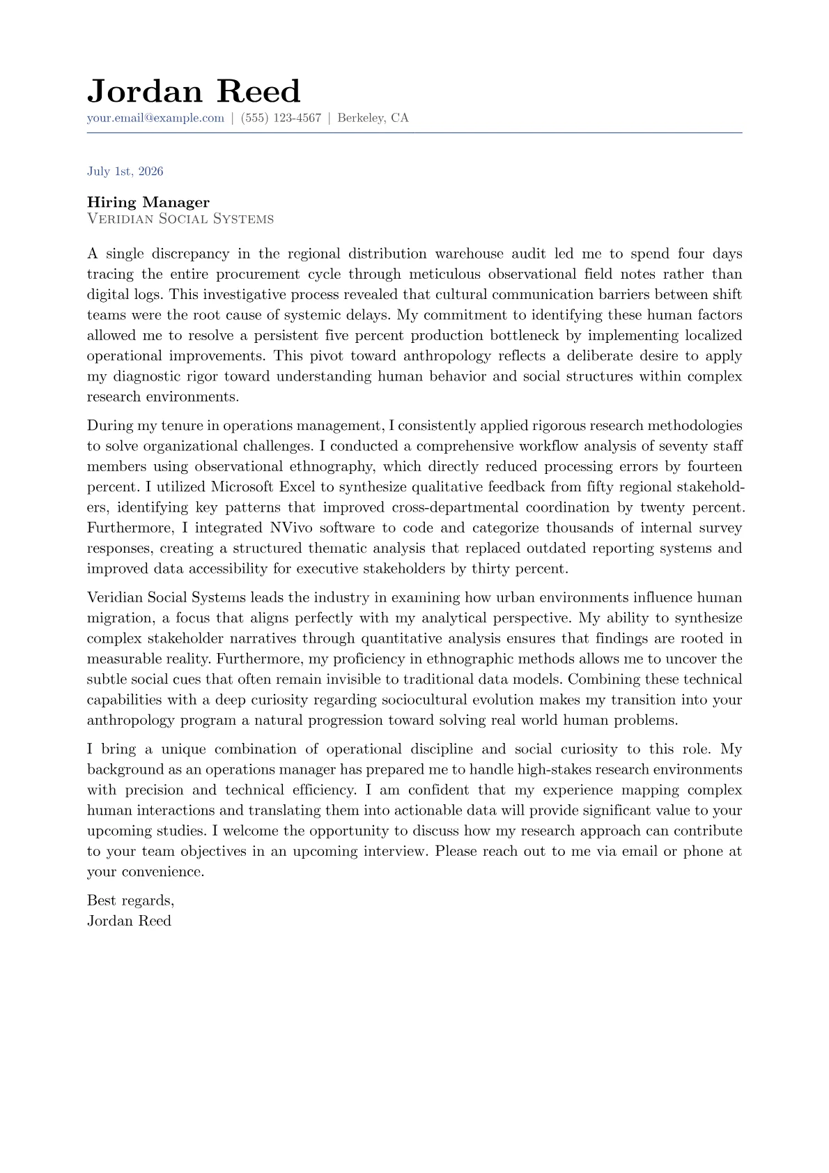 Anthropology Student cover letter in the Classic design