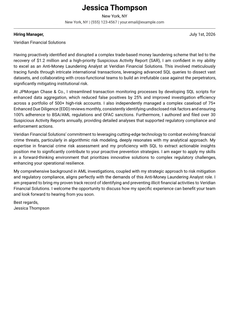 Anti-Money Laundering Analyst cover letter example preview