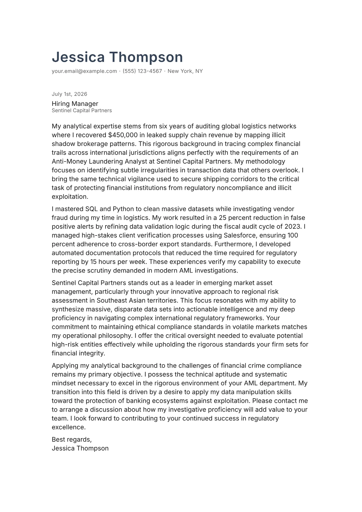 Anti-Money Laundering Analyst cover letter in the Minimal design