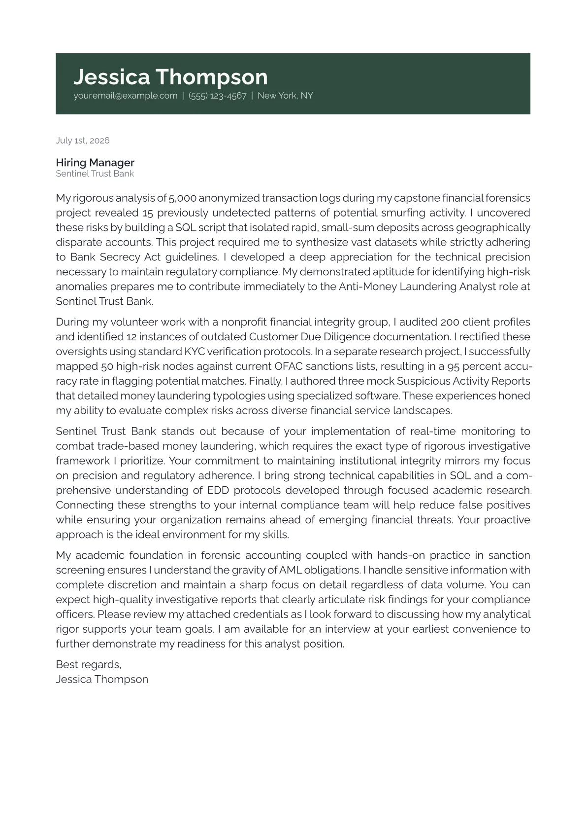Anti-Money Laundering Analyst cover letter in the Banner design