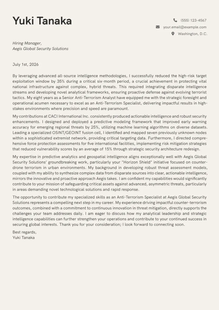 Anti-Terrorism Specialist Cover Letter Example