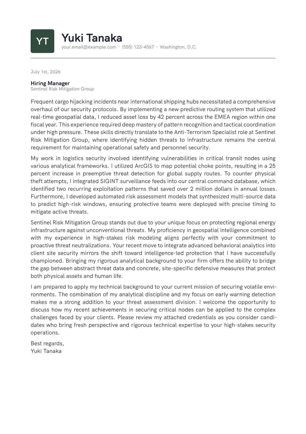 Anti-Terrorism Specialist cover letter in the Emblem design
