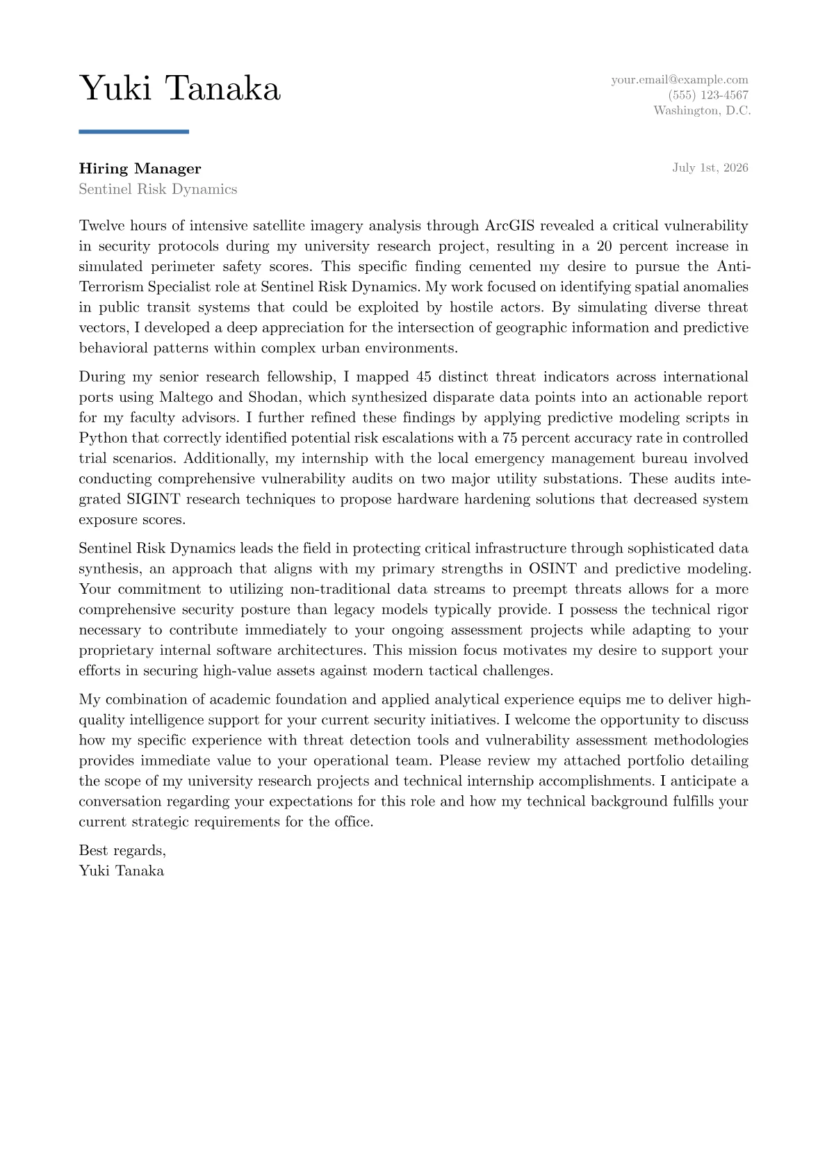 Anti-Terrorism Specialist cover letter in the Executive design
