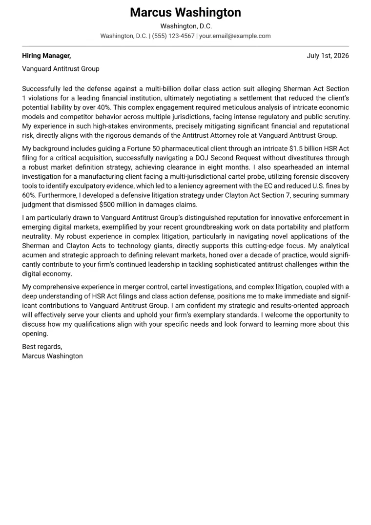Antitrust Attorney Cover Letter Example