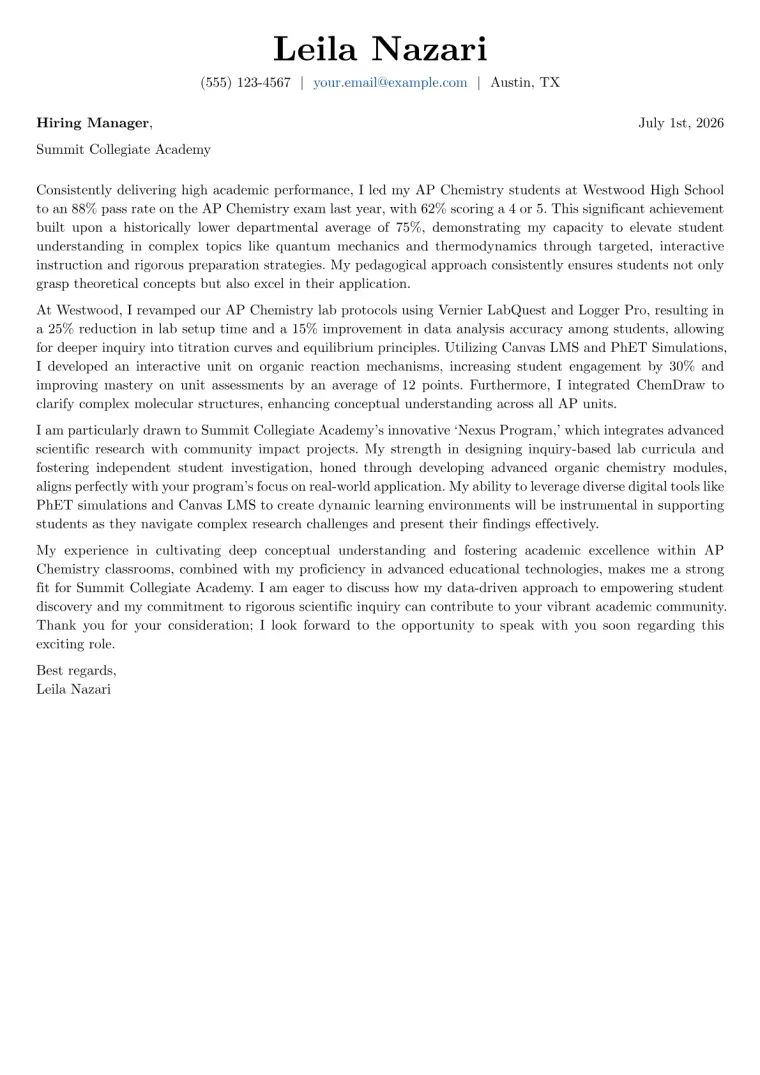 AP Chemistry Teacher cover letter example preview