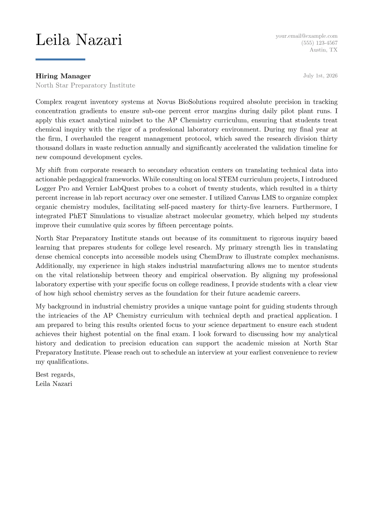 AP Chemistry Teacher cover letter in the Executive design