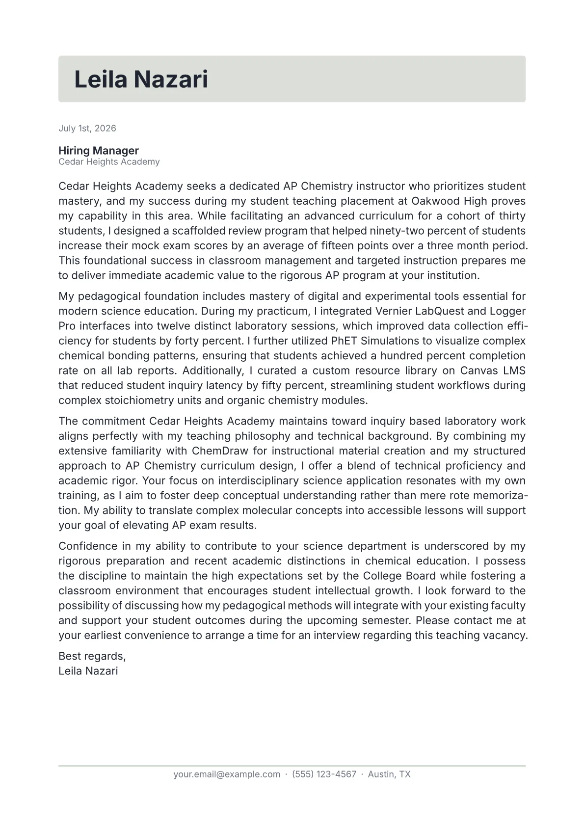 AP Chemistry Teacher cover letter in the Letterhead design