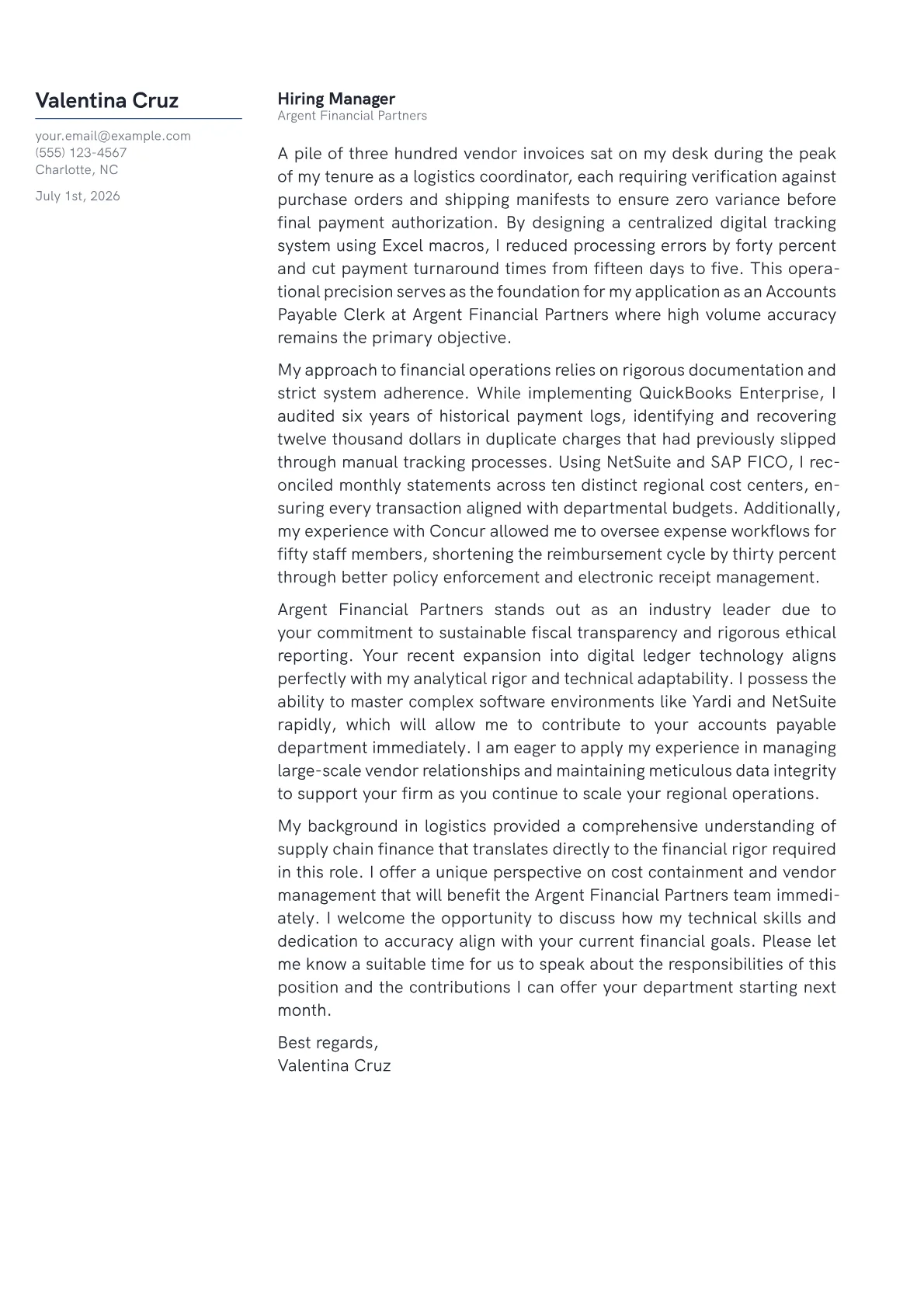 AP Clerk cover letter in the Margin design