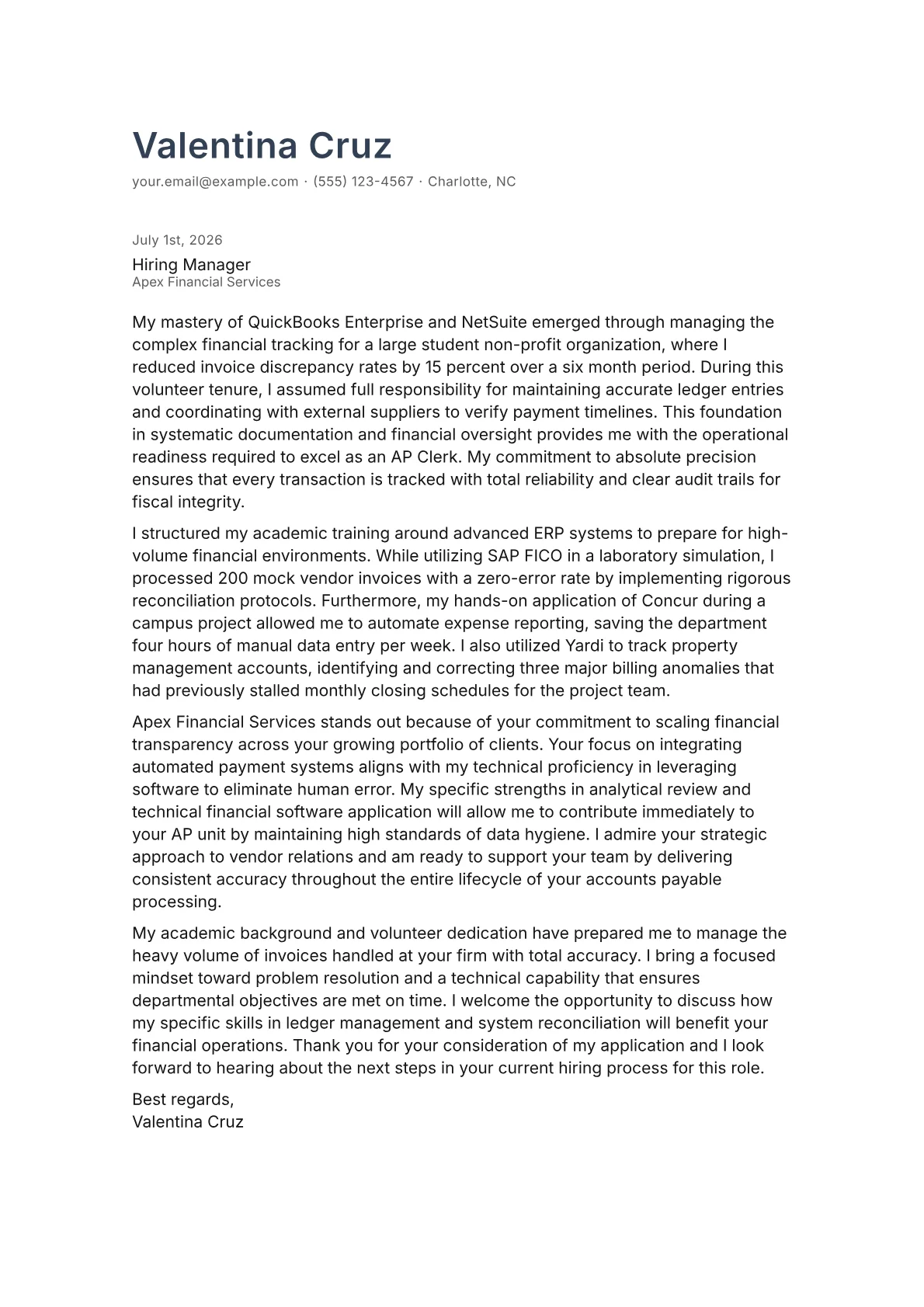 AP Clerk cover letter in the Minimal design