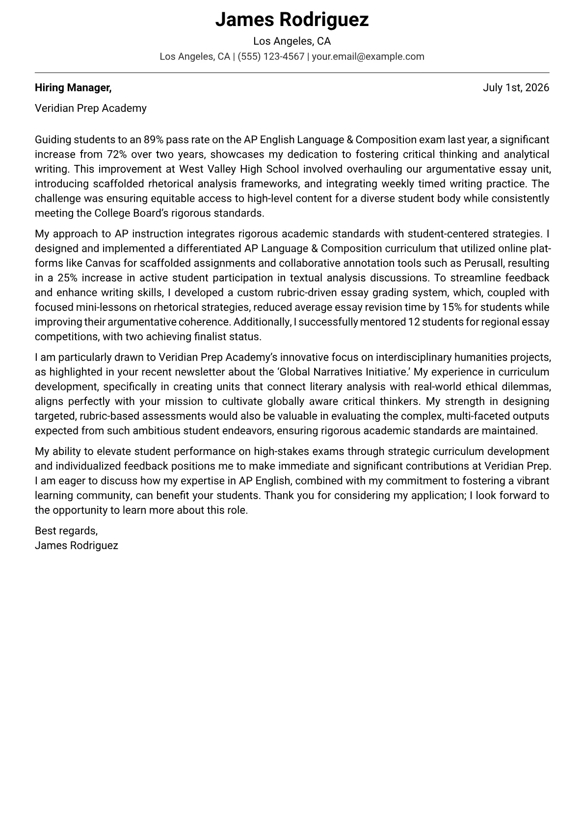 AP English Teacher cover letter formatted with a JobSprout template