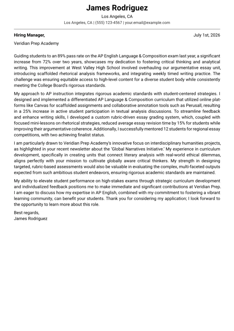 AP English Teacher Cover Letter Example