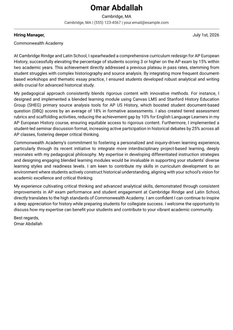 AP History Teacher cover letter example