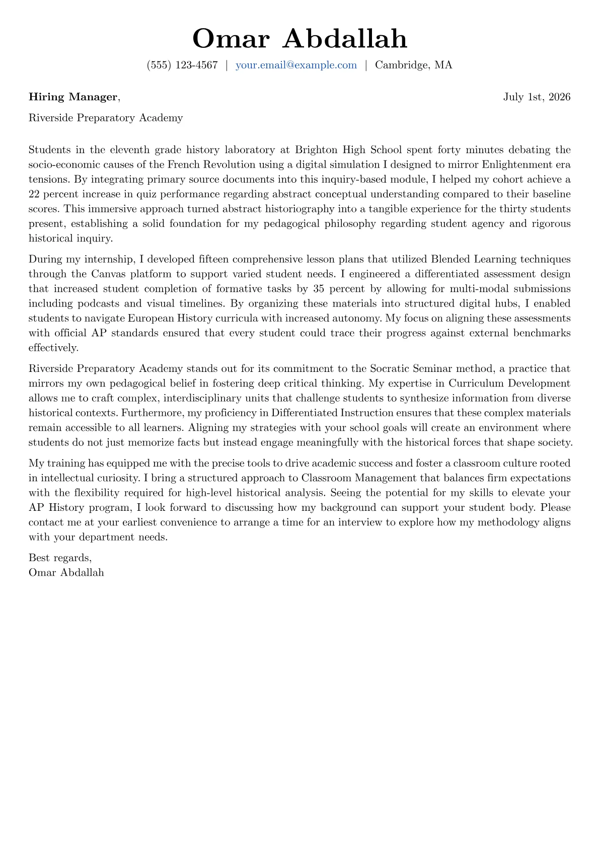 AP History Teacher cover letter in the Basic design