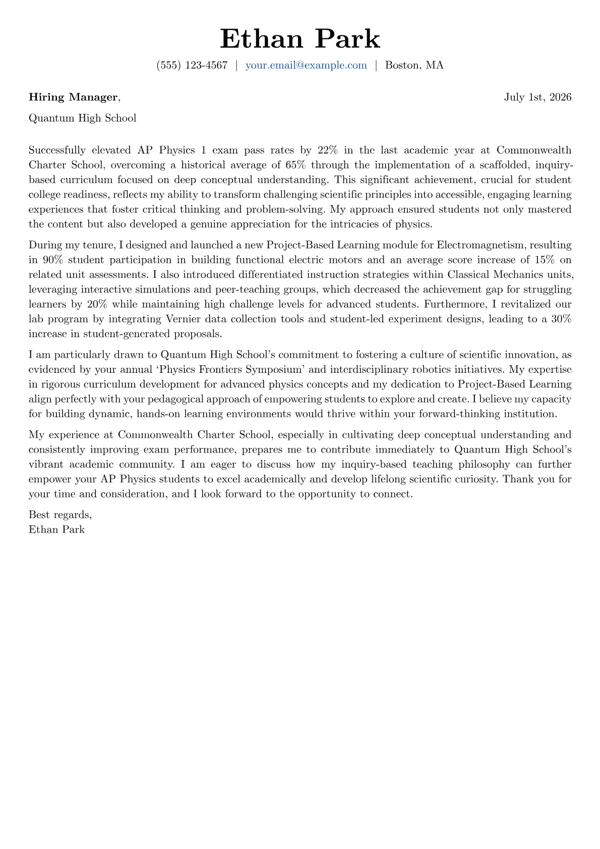 AP Physics Teacher cover letter formatted with a JobSprout template