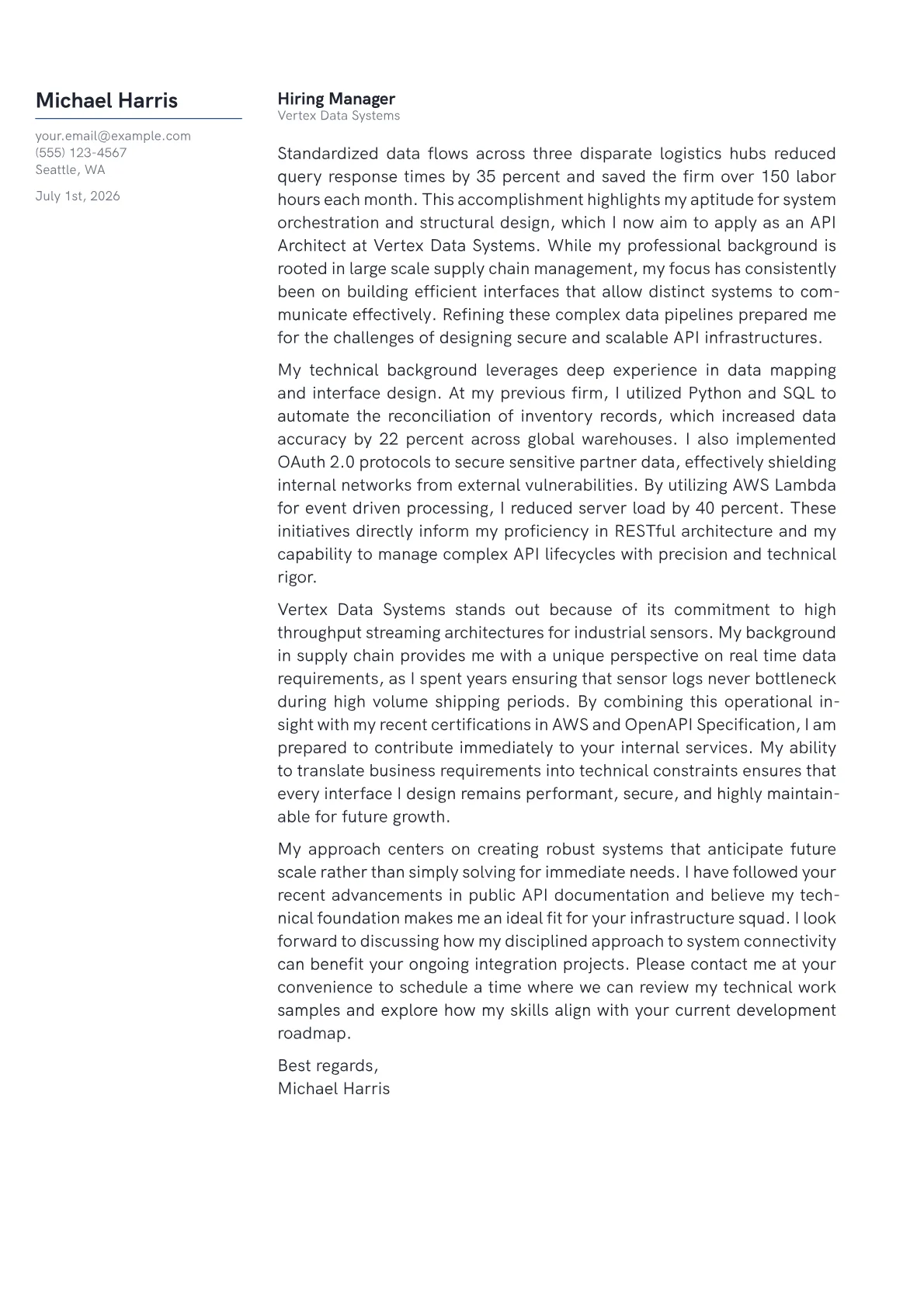 API Architect cover letter in the Margin design