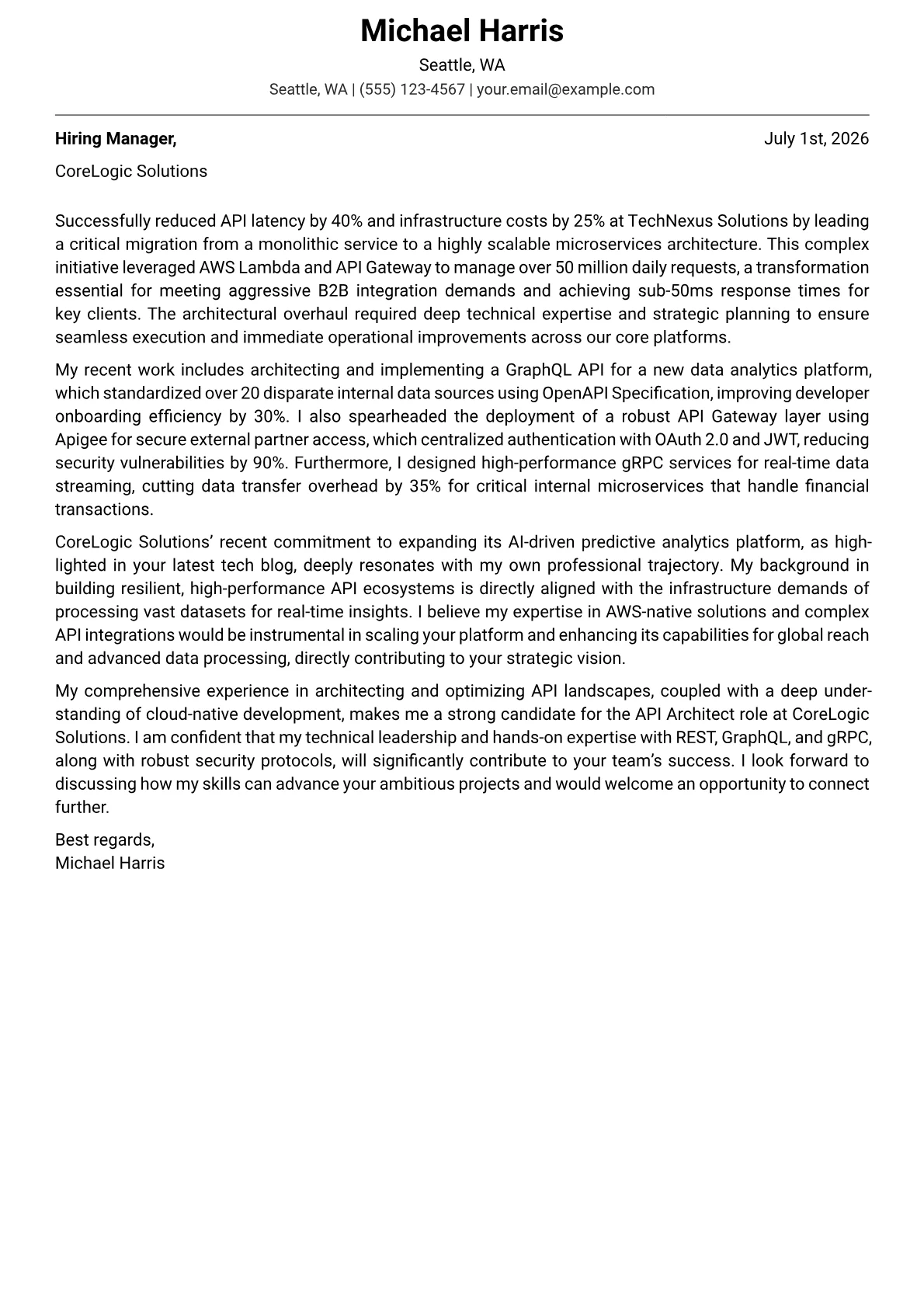 API Architect cover letter formatted with a JobSprout template