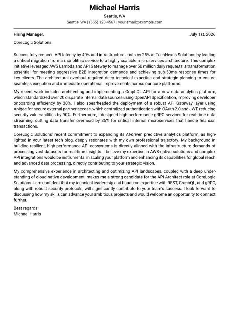API Architect cover letter example preview