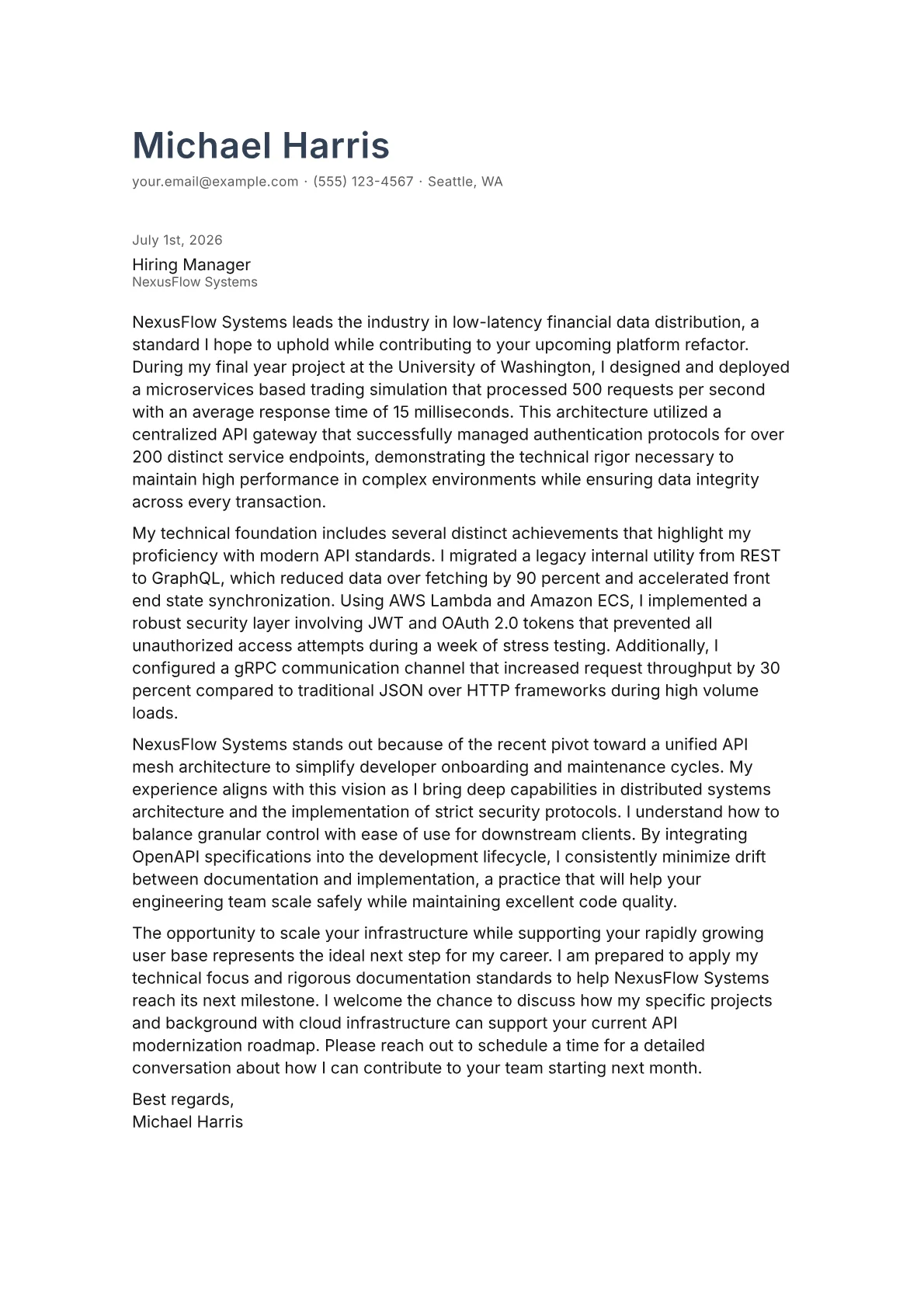 API Architect cover letter in the Minimal design