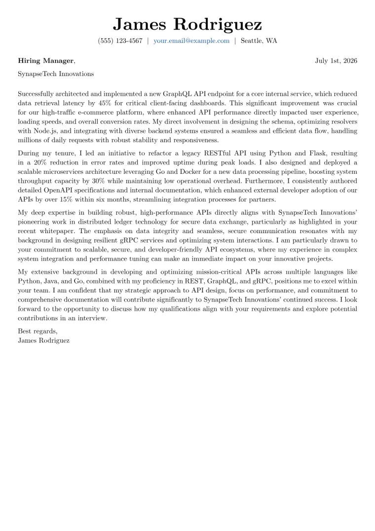 API Developer cover letter example preview