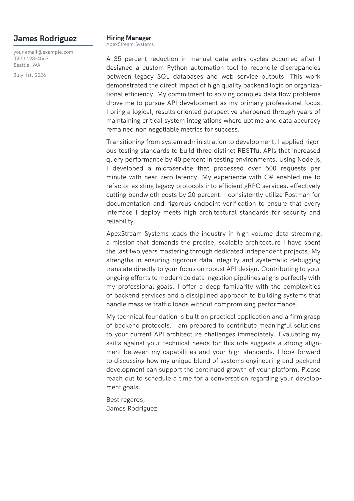 API Developer cover letter in the Margin design