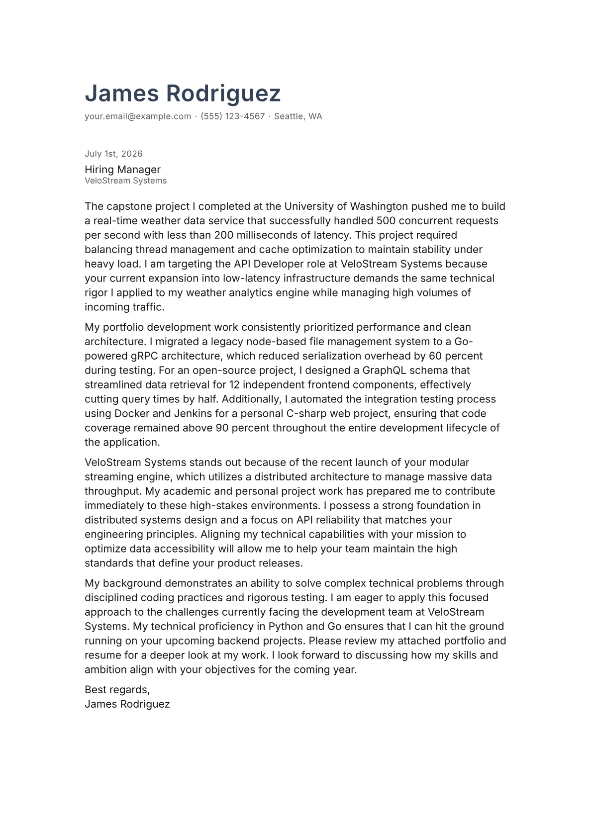 API Developer cover letter in the Minimal design