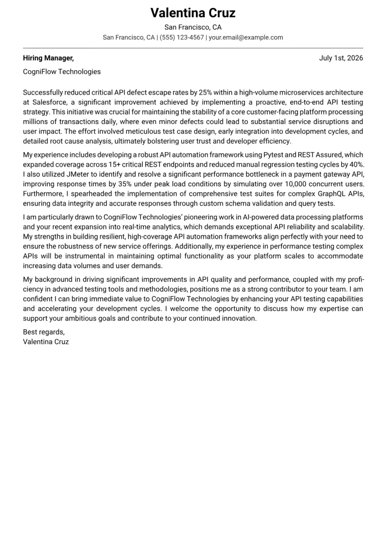 API Test Engineer cover letter example