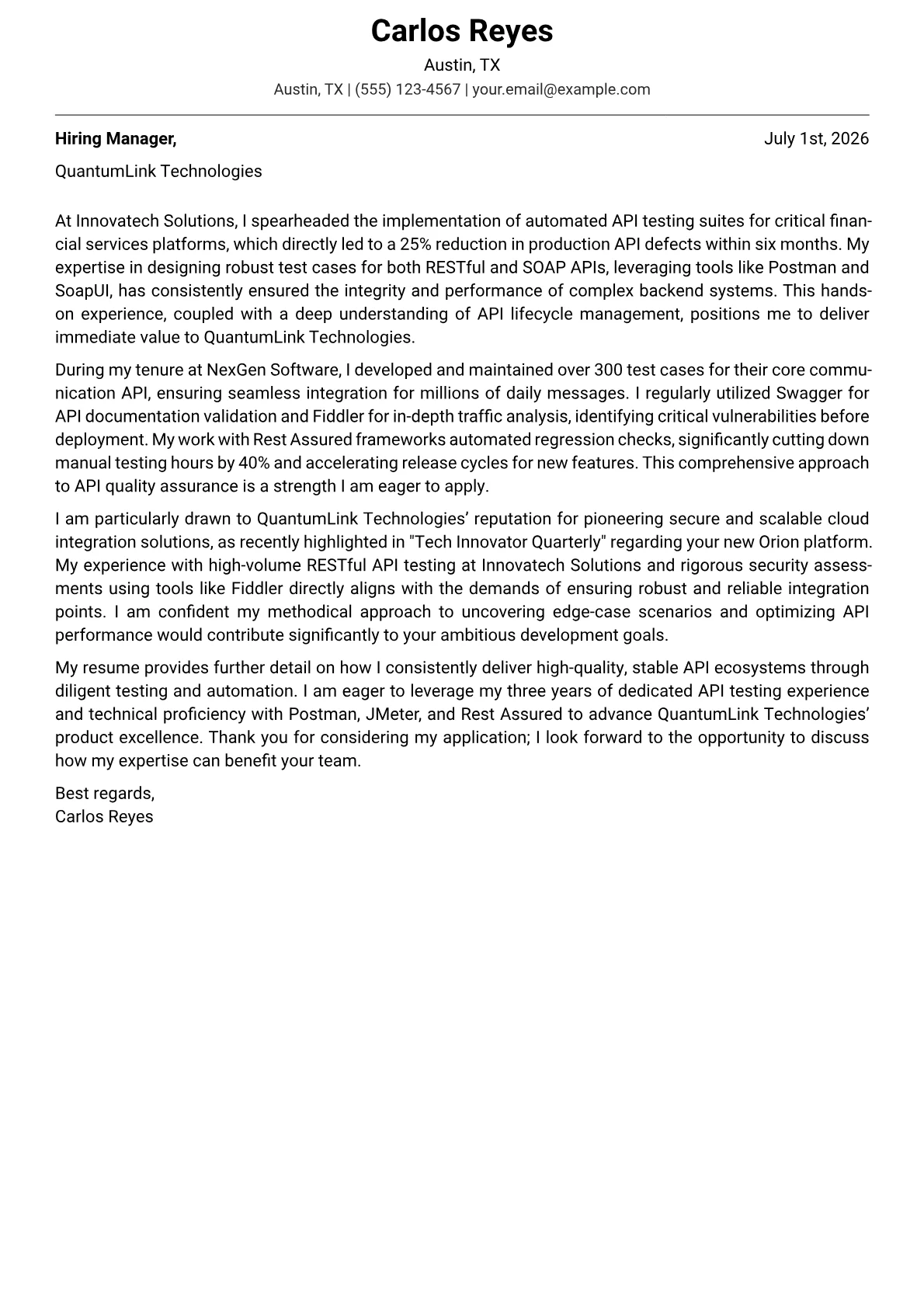 API Tester Cover Letter Example + Template (2026)