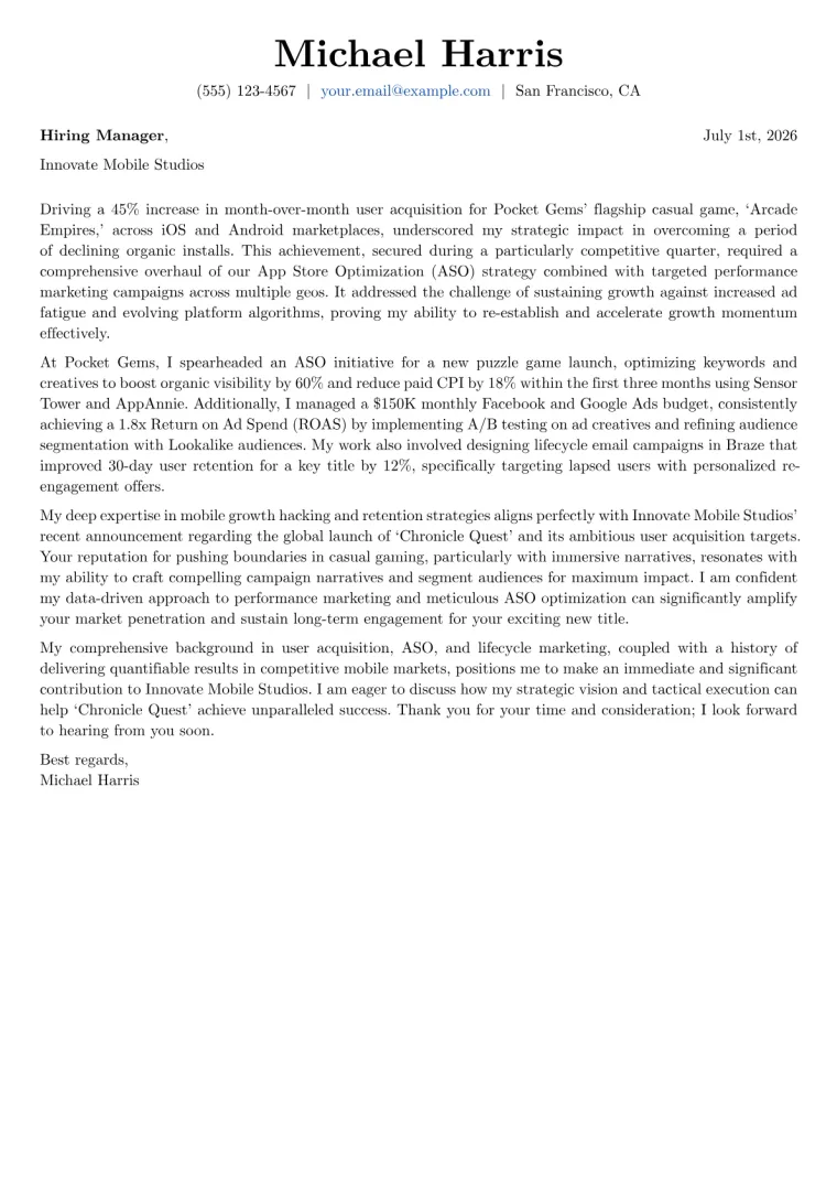 App Marketing Manager cover letter example preview