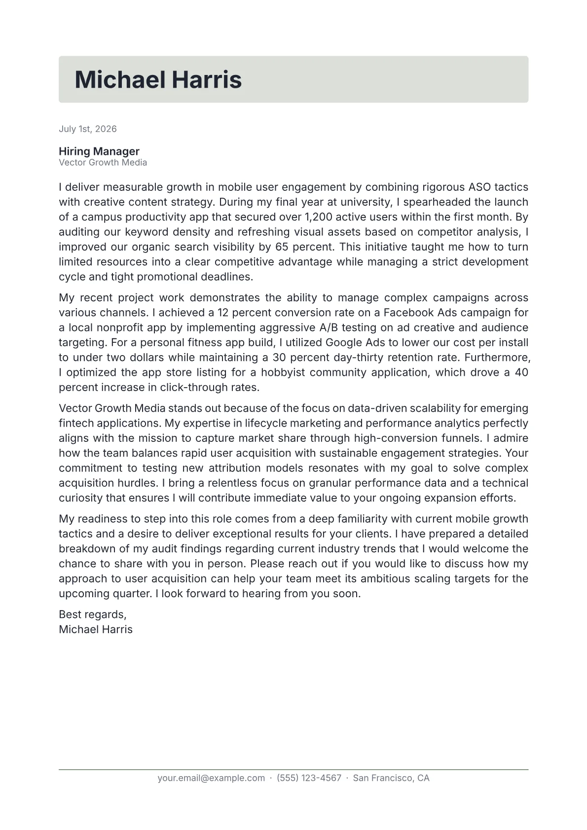 App Marketing Manager cover letter in the Letterhead design