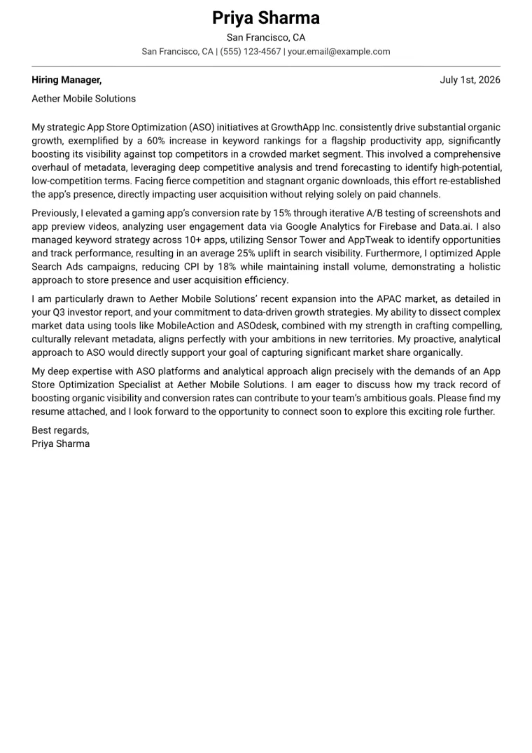 App Store Optimization Specialist cover letter example preview