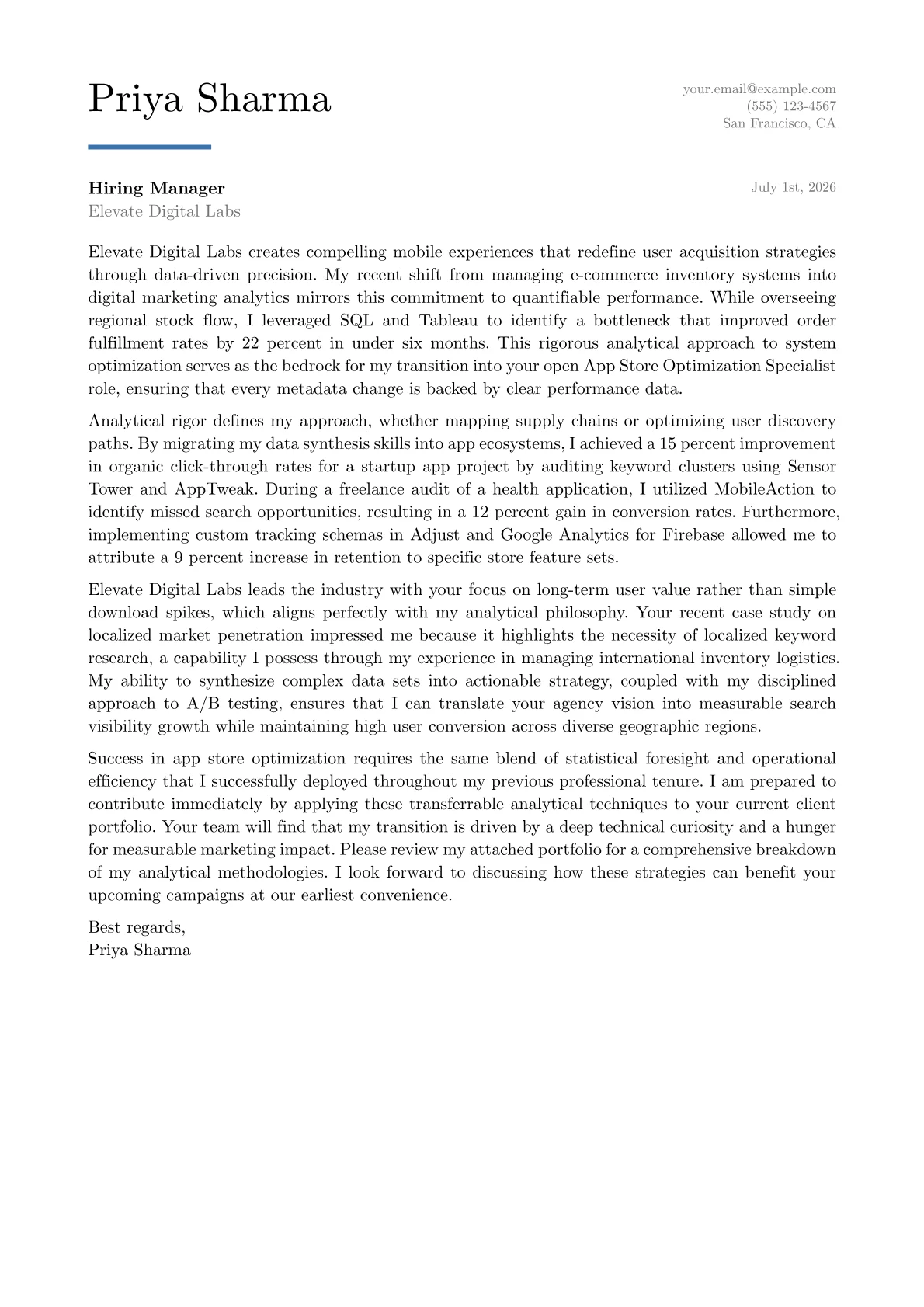 App Store Optimization Specialist cover letter in the Executive design
