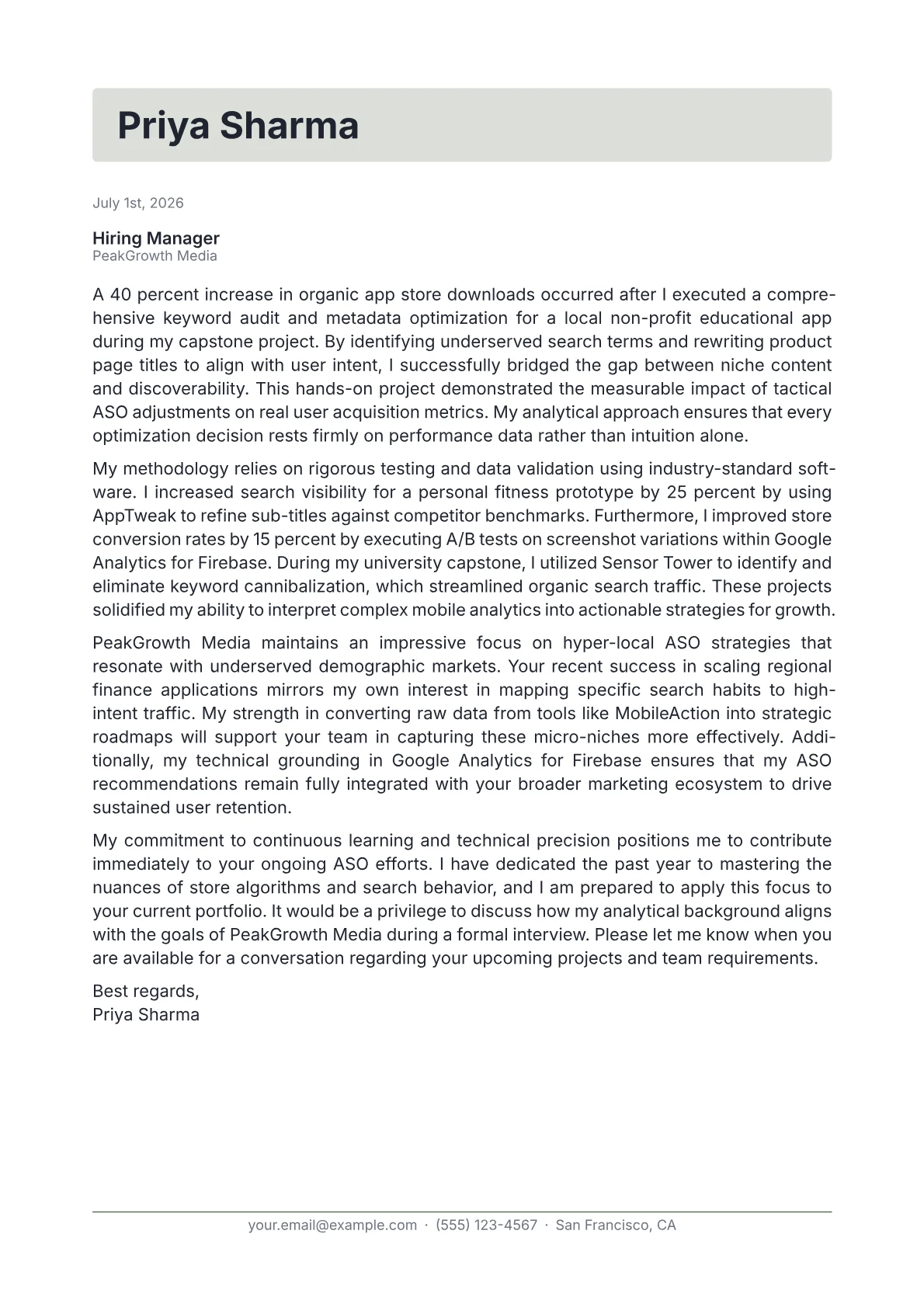 App Store Optimization Specialist cover letter in the Letterhead design
