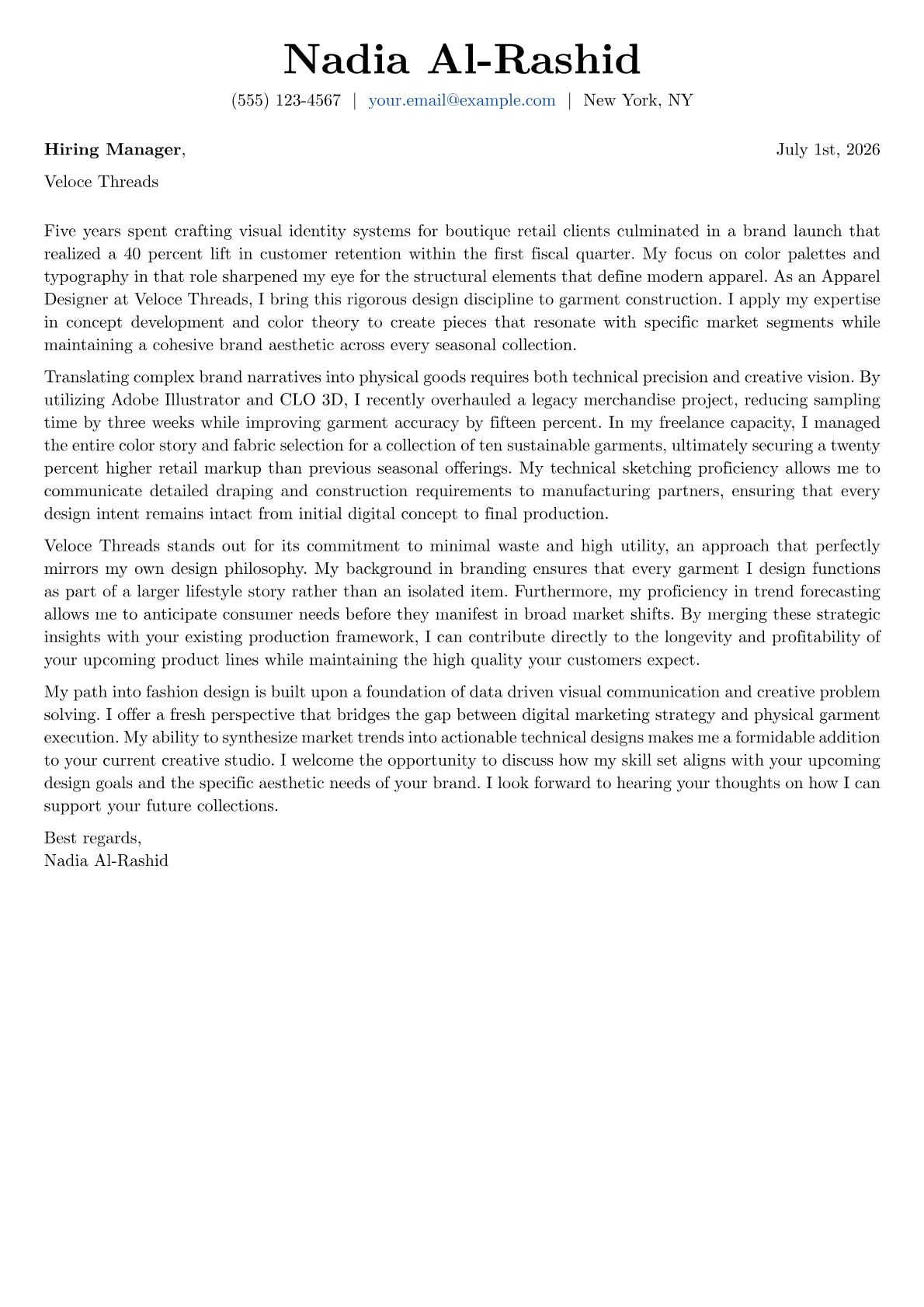 Apparel Designer cover letter in the Basic design