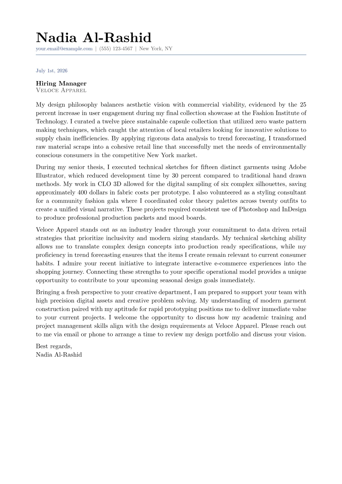Apparel Designer cover letter in the Classic design