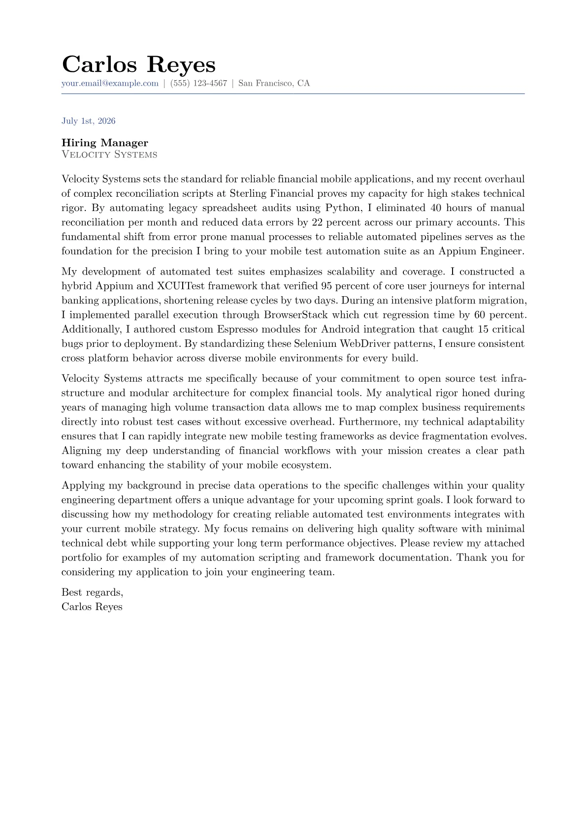 Appium Engineer cover letter in the Classic design