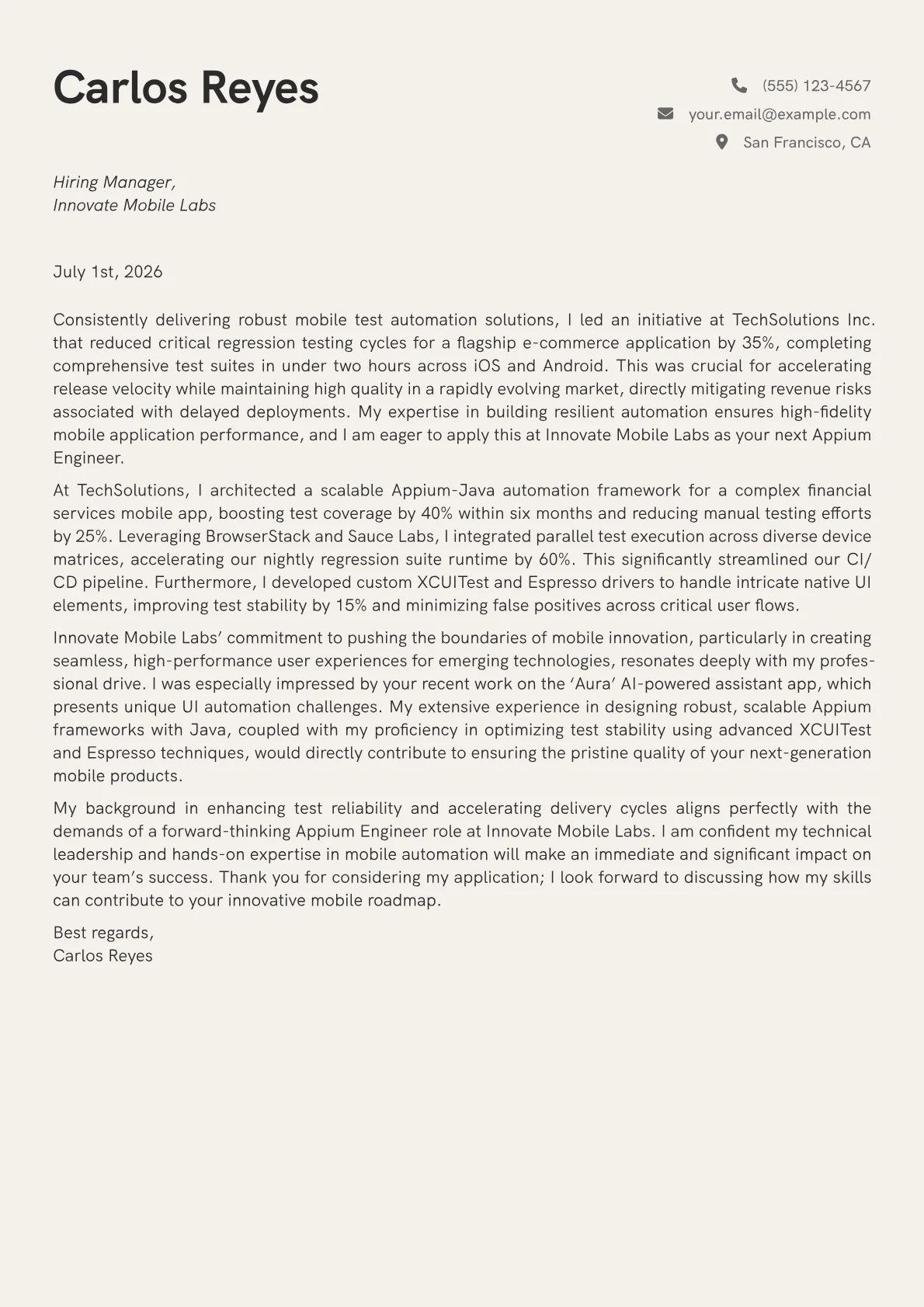 Appium Engineer cover letter formatted with a JobSprout template
