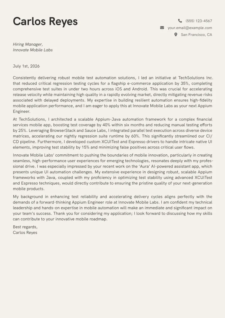 Appium Engineer cover letter example preview