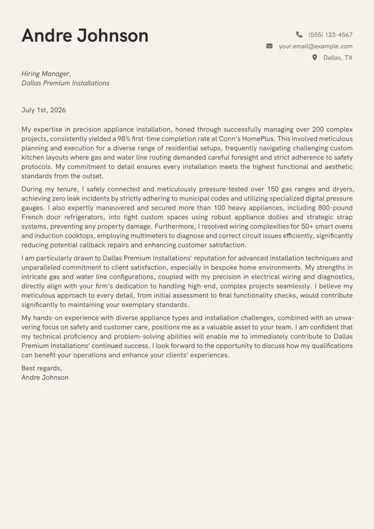 Appliance Installer cover letter example preview