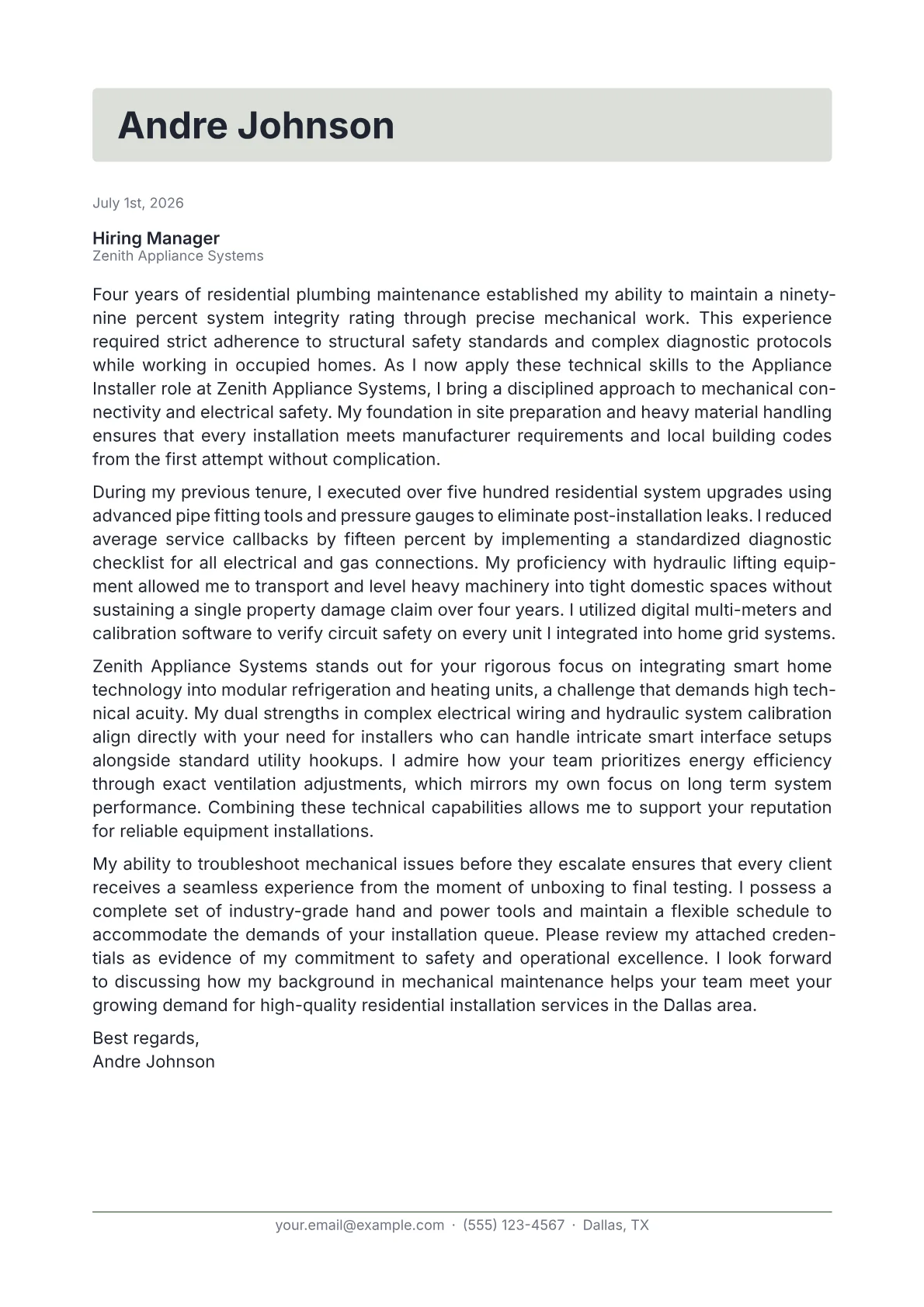 Appliance Installer cover letter in the Letterhead design