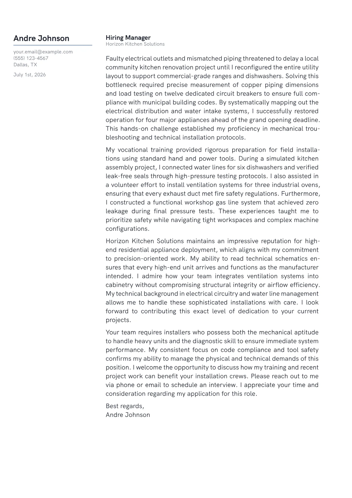 Appliance Installer cover letter in the Margin design