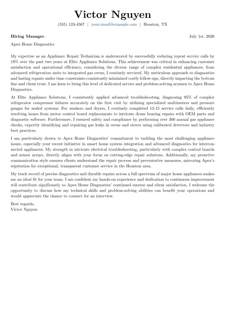 Appliance Repair Technician cover letter example preview