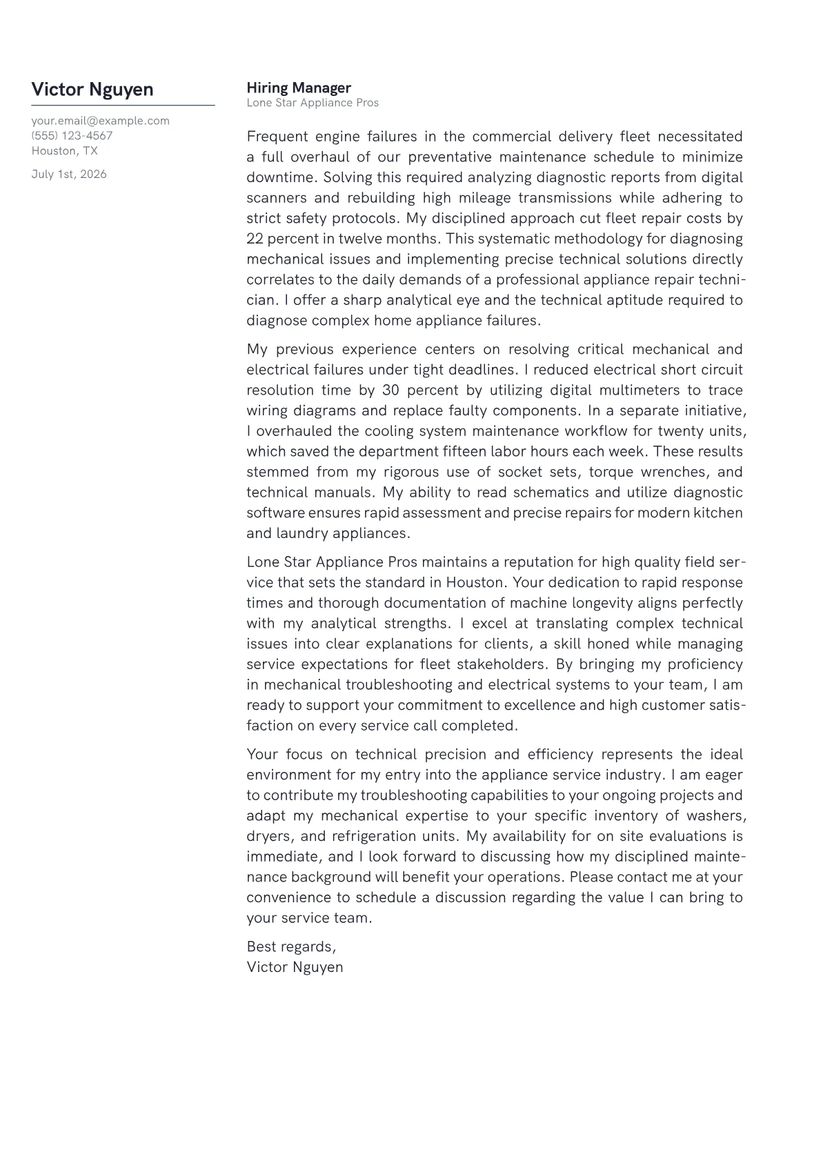 Appliance Repair Technician cover letter in the Margin design