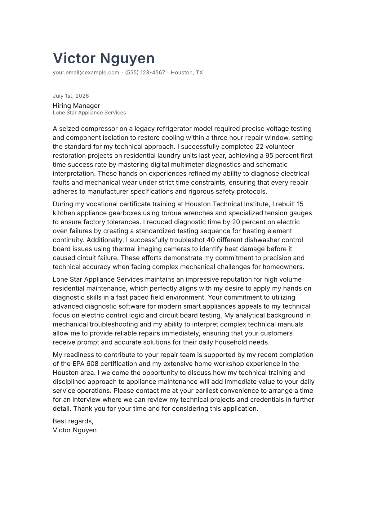 Appliance Repair Technician cover letter in the Minimal design