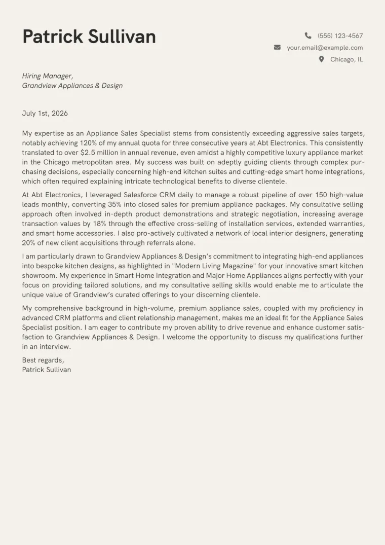 Appliance Sales Specialist cover letter example preview