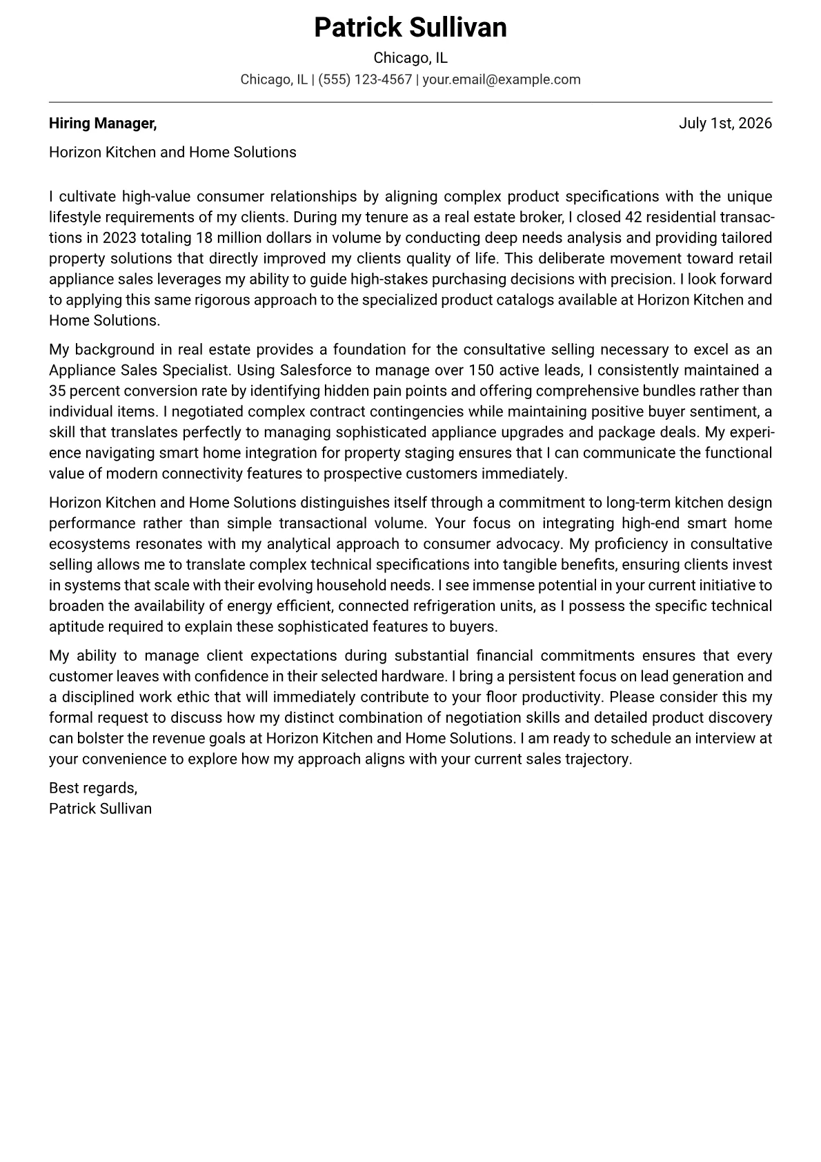 Appliance Sales Specialist cover letter in the Modern design