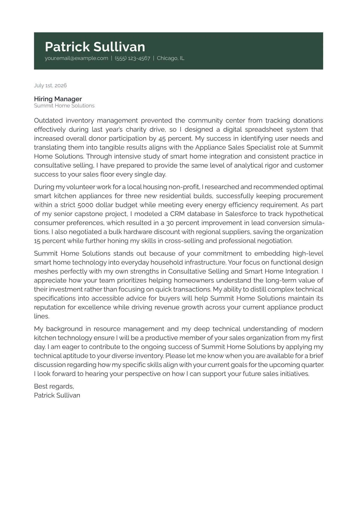 Appliance Sales Specialist cover letter in the Banner design
