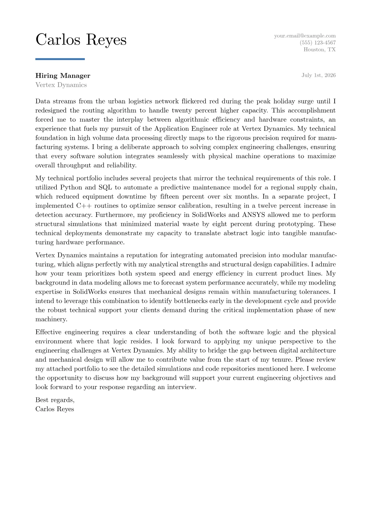 Application Engineer cover letter in the Executive design