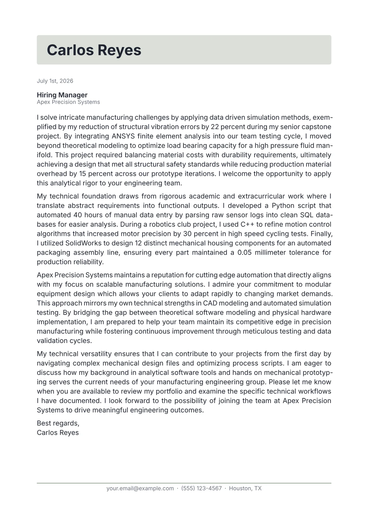 Application Engineer cover letter in the Letterhead design