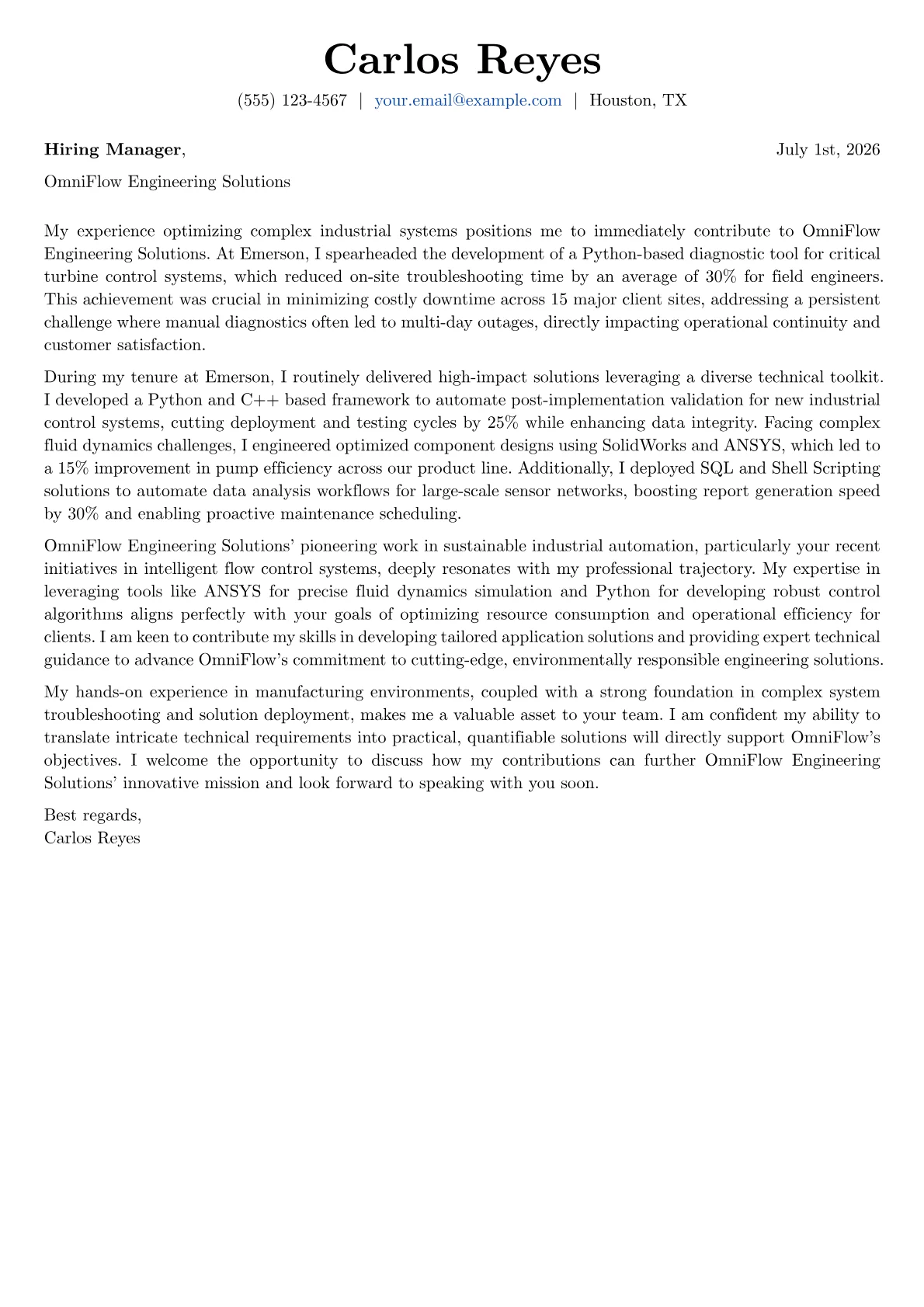 Application Engineer cover letter formatted with a JobSprout template