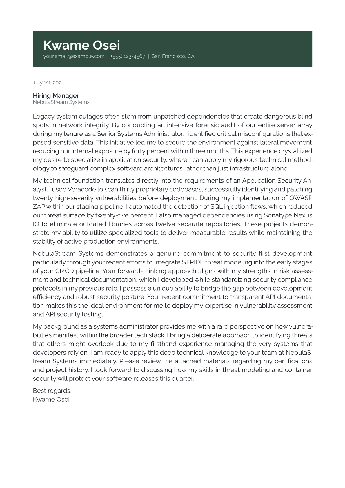 Application Security Analyst Cover Letter Example (2026)